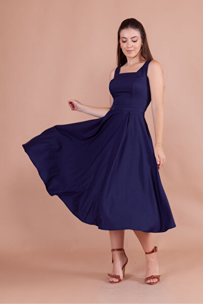 RURIS Kadın Lacivert Kare Yaka Kolsuz Midi Boy Abiye Mezuniyet Elbisesi