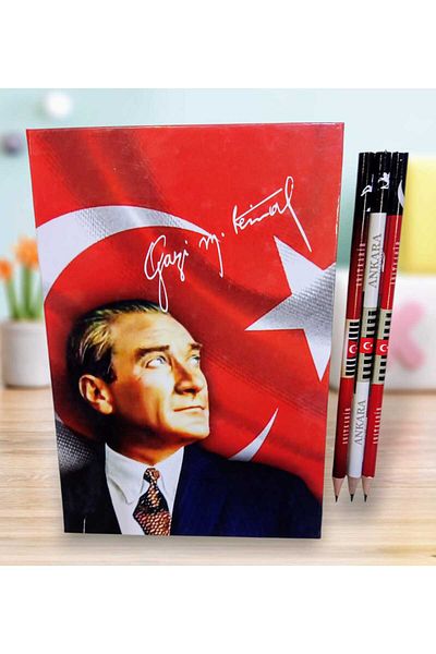 izmir yazici servis Atatürk Anıtkabir Caiet A5 cu 80 de coli cu tematică steagul turcesc și set de 3 creioane