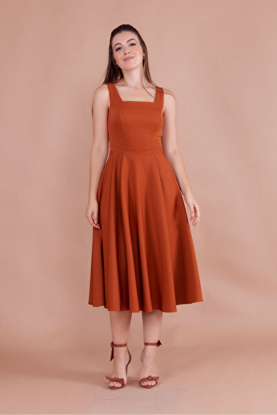 RURIS Kadın Tarçın Kare Yaka Kolsuz Midi Boy Abiye Mezuniyet Elbisesi