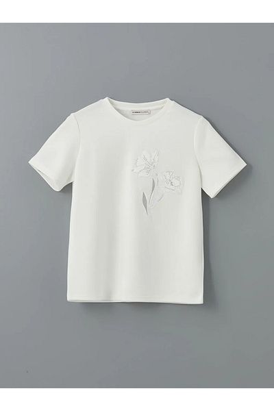 LC Waikiki Γυναικείο μπλουζάκι LCWAIKIKI Classic Ecru Crew Neck Floral