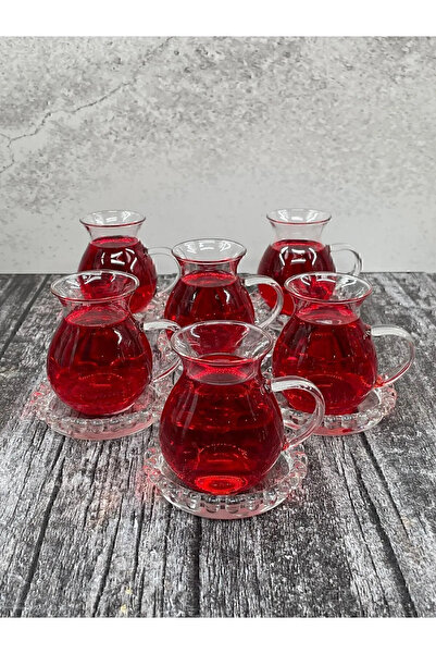 ellahomedekor 6 Kişilik Keyfi Ala Borosilikat Cam Kulplu Çay Bardağı 220ml