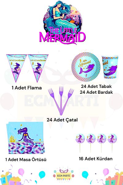 ECM PARTI Mermaid Themed Mini Birthday Party Set for 24 People