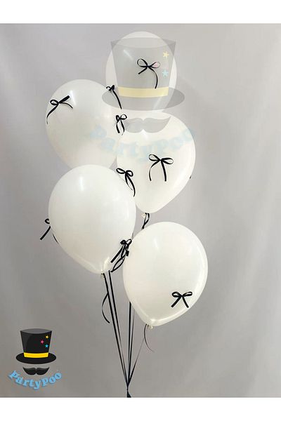 PartyPoo White Balloon Set of 10 with Black Bow Ribbon – Birthday, Bride to Be & Party Decorations