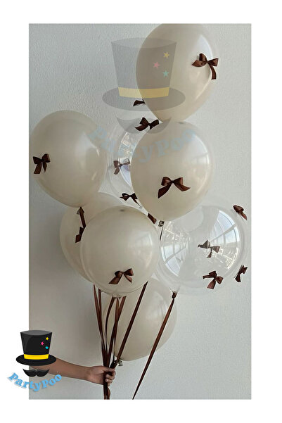 PartyPoo Brown Bow Ribbon Transparent-Sand Beige Balloon Set 10-Piece Birthday Party Set