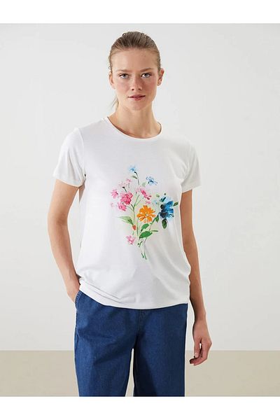 LC Waikiki Γυναικείο μπλουζάκι LCWAIKIKI Classic Ecru Crew Neck Floral