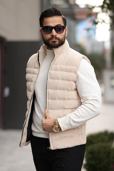 Moderk Velvet Corduroy Zippered Inflatable Vest Men