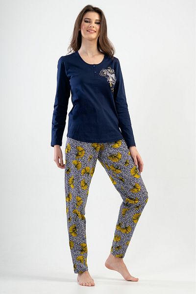 VİENETTA Set de pijamale din bumbac, cu mâneci lungi, cu jumătate de nasturi, cu gât rotund, albastru bleumarin pentru femei