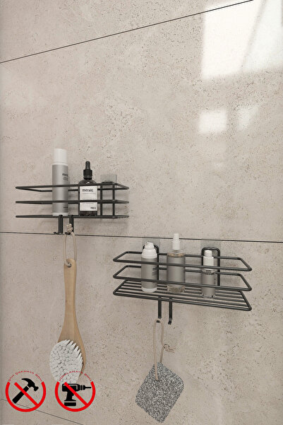 KapKacakAl Güçlü Yapışkanlı Metal Kancalı Siyah Banyo Rafı 2 adet