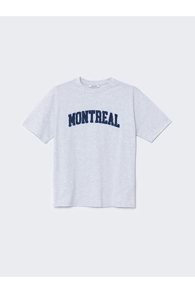 LC Waikiki Tricou oversize pentru femei LCW Vision Gri Crew Neck cu imprimeu Montreal