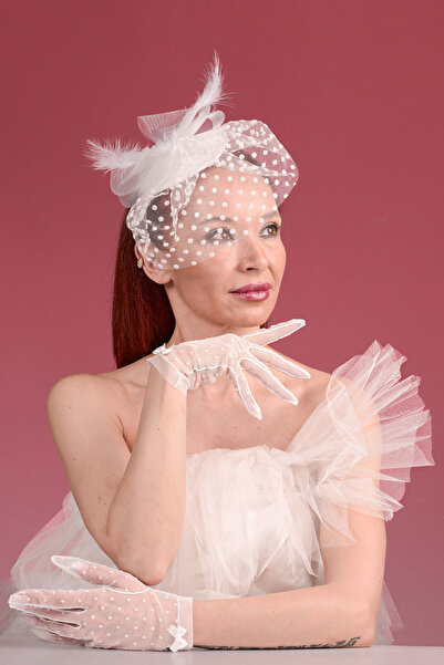 SeddA Kırık Beyaz Puantiyeli Gelin Kepi Nikah Şapkası Ve Yeni Puanlı Gelin El...