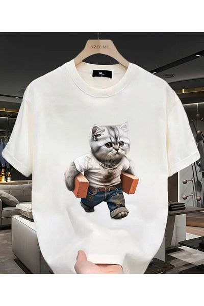Elfa Tekstil Unisex Young Child Adult Oversize Cut Cat Printed Tshirt