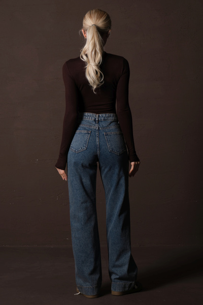 Maule Μπλε κανονική μέση, μπροστινή τσέπη με λεπτομέρειες 100% βαμβάκι, χαλαρή εφαρμογή γυναικείο τζιν παντελόνι @portefa