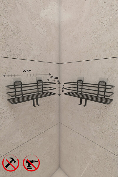 KapKacakAl Güçlü Yapışkanlı Metal Kancalı Siyah Banyo Rafı 2 adet