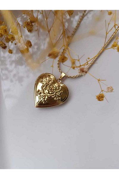 Blotch Different Style and Stylish Double Heart Rose Embossed Pattern Medallion Valentine's Day Steel Necklace