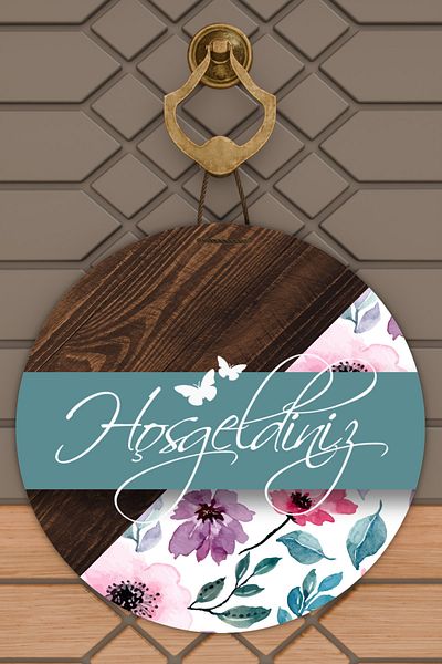 Rugmood Ornament de ușă de bun venit cu flori din lemn albastru cu imprimare digitală modernă