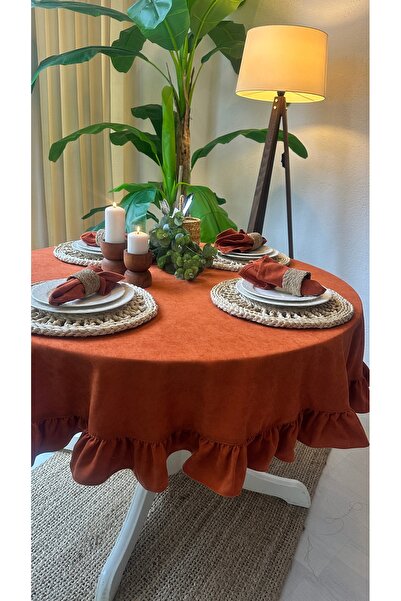 Decamor home Velvet Textured Laceless Stain Resistant Vintage Ruffled Brick Color Round Tablecloth