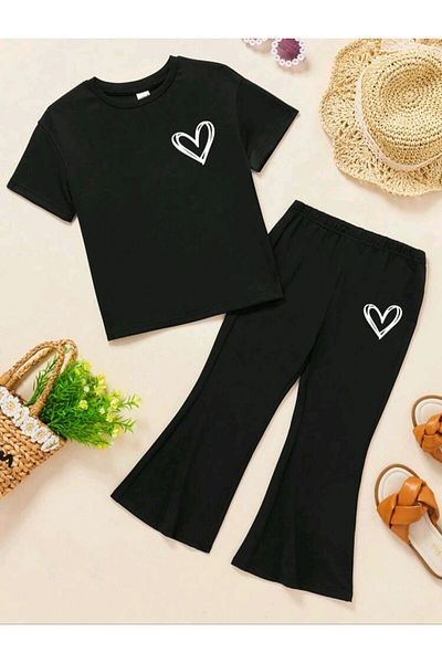 renkli diyar Short Sleeve Girls T-Shirt and Spanish Leg Heart Set - Nursery Primary School Kindergarten