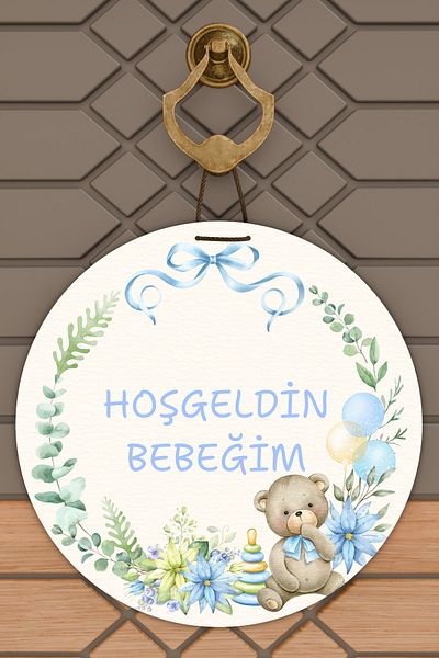 Dormot Home Modern Digital Print White Blue Teddy Bear Welcome Baby Door Ornament