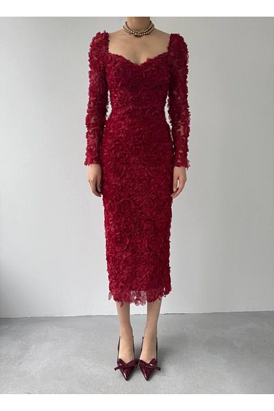 Julidress فستان باللون العنابي مع طباعة وردية ثلاثية الأبعاد بدون حمالات وبطانة متوسطة الطول بتصميم مميز
