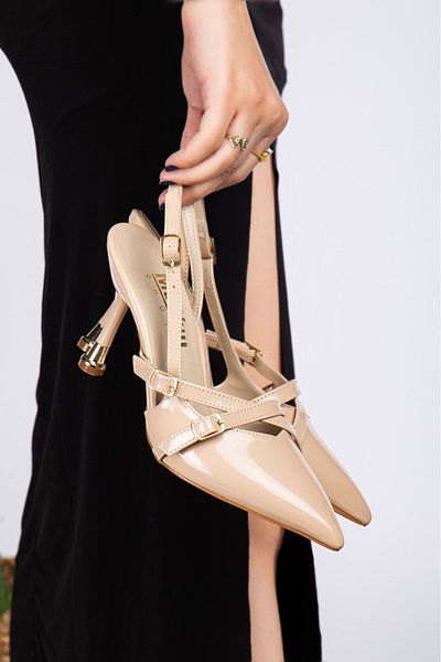 Madame Selin Women's Beige Open Back Special Design Heel Front Gold Buckle Stylish Women's Stiletto
