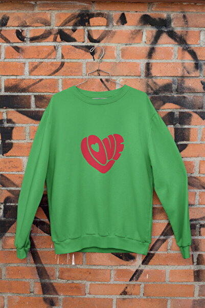 Butik سويت شيرت نسائي/بنات بأكمام طويلة 2 خيط خيط مطبوع عليه طبعة حب برقبة كرو