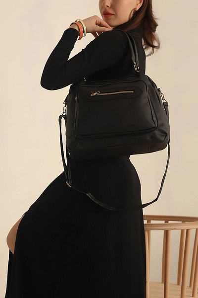 FHD BAGS Geantă de umăr neagră cu aspect de piele cu mai mulți ochi pentru femei
