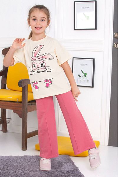 tunays shopping Spanish Leg Leggings Pants Rabbit Printed Oversize Tshirt Girls' Bottom Top Set