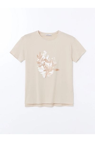 LC Waikiki Γυναικείο μπλουζάκι LCWAIKIKI Classic Beige Crew Neck Floral
