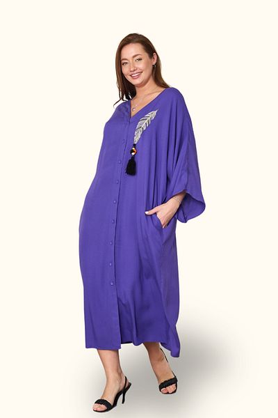 Markano Purple V-Neck Feather Embroidery Beaded Pocket Oversize Long Dress