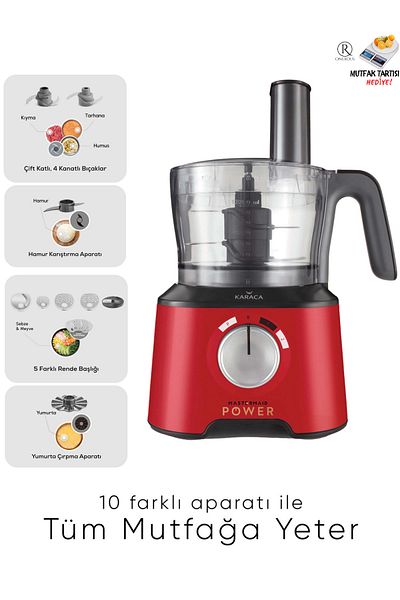 Karaca Premium 10 In 1 Red Food Processor and Blender Set - 2000w Powerful Motor