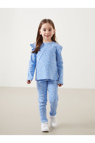 LC Waikiki Blue Crew Neck Floral Girl's Blouse and Tights 2-Piece