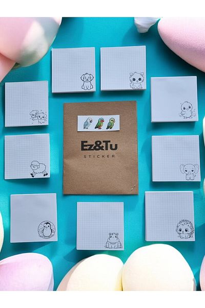 Ez&Tu Stıcker Set of 9 Cute Animals Patterned - Black and White School Cube Paper Stickers with Gift