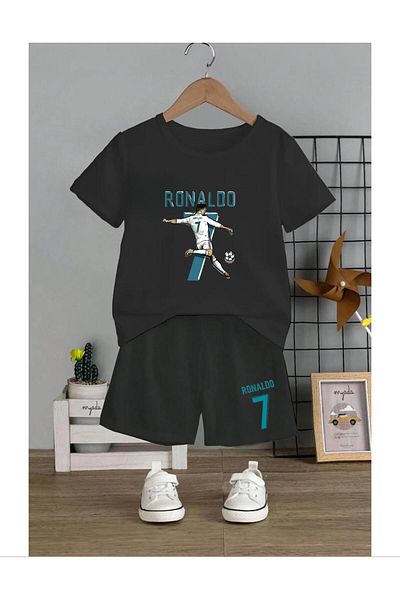 Massgai Unisex Kids Ronaldo 7 Blue Printed Special Cotton T-Shirt Shorts Set