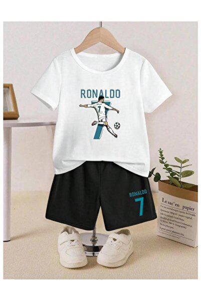 Massgai Unısex Çocuk Ronaldo 7 Mavi Baskılı Özel Pamuk T-shirt Şort Takım