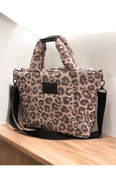 Nuggita Geantă de mână/de umăr puffer de mărime standard pentru femei - țesătură impermeabilă cu model leopard pudra