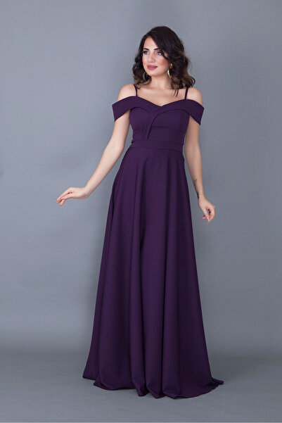 RURIS Kadın Mürdüm Askılı Düşük Omuz Detay Kloş Maxi Boy Abiye ve Mezuniyet Elbisesi