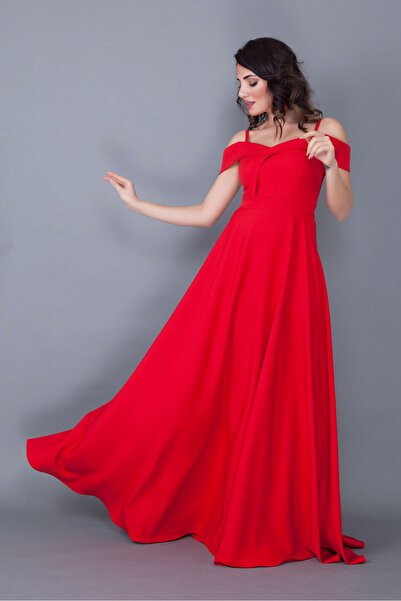 RURIS Kadın Kırmızı Askılı Düşük Omuz Detay Kloş Maxi Boy Abiye ve Mezuniyet ...