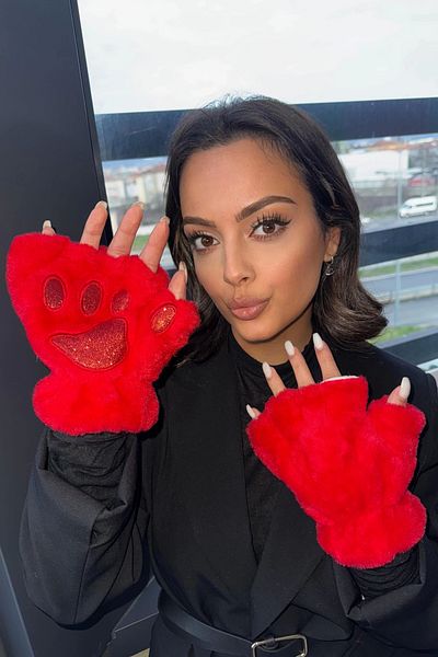 LOVE LUXE قفازات قطيفة باللون الأحمر لعيد الحب في 14 فبراير مع شكل مخالب