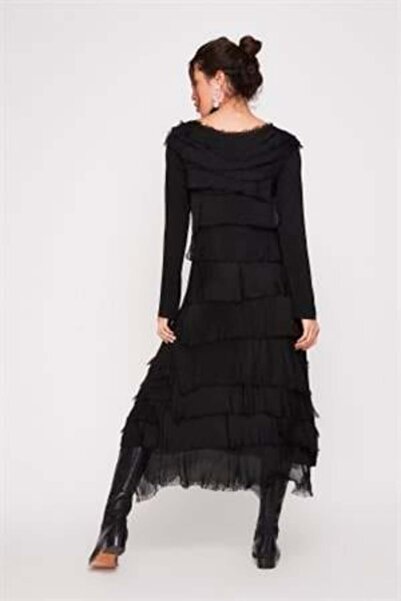 Bohem Stil Italyan 2 beden İnce Gösteren Kat Kat Uzun Kol Taşlanmış İpek Elbise