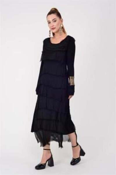 Bohem Stil Italyan 2 beden İnce Gösteren Kat Kat Uzun Kol Taşlanmış İpek Elbise