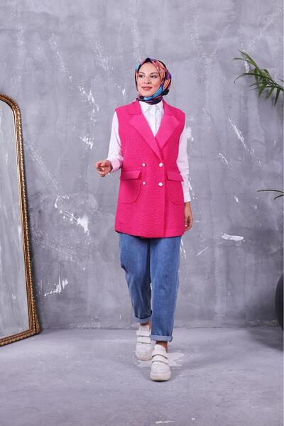 MİSS M.A.T FASHİON Bucket Pon Pon Fabric with Pocket Cover Crossbody Collar 4 Button Vest