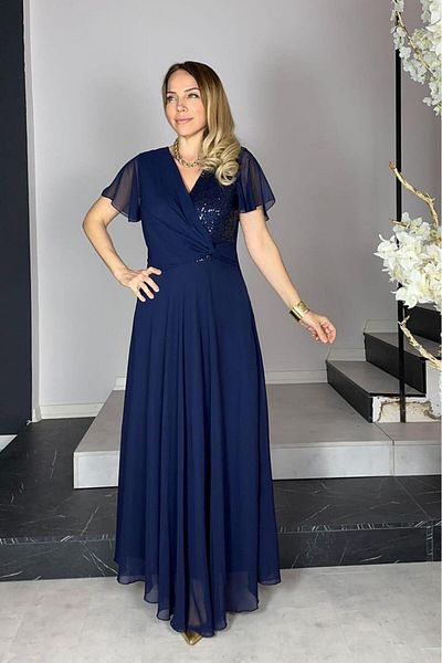 gesmoda Navy Blue Chiffon Evening Dress - G0931, Evening Dress with Sequin Detail