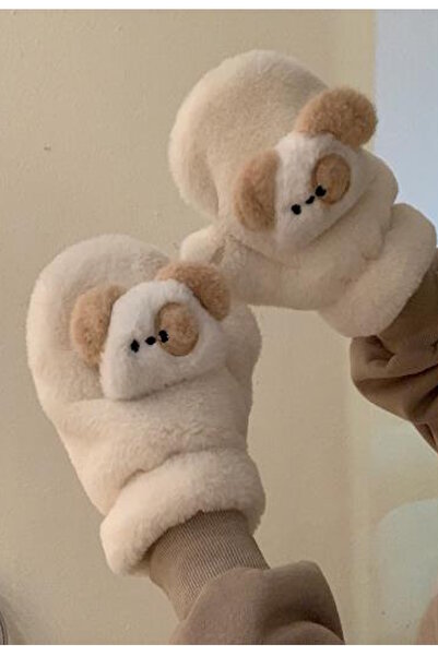 CAŞ DEKORASYON Cream Color Dog Figure Strap Plush Gloves