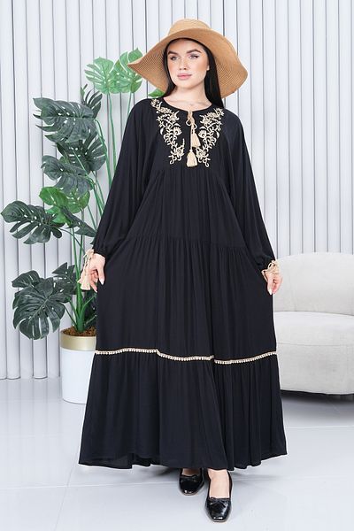 AYASOFYA OTANTIK Women's Black Round Neck Ethnic Authentic Embroidery Detailed Long Balloon Sleeve Long Dress