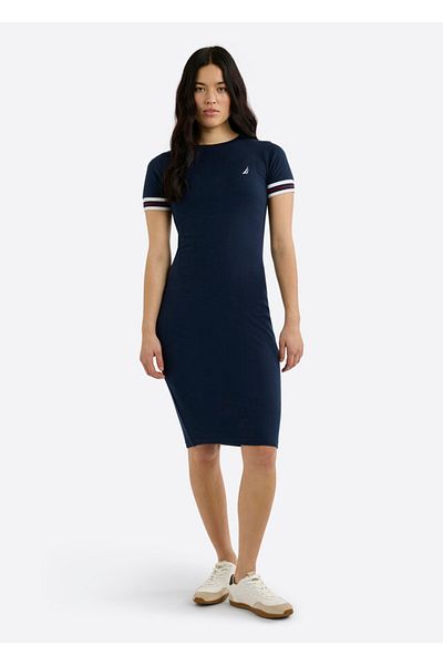 Nautica فستان نسائي طويل بأكمام قصيرة وفتحة رقبة على شكل حرف V باللون الأزرق الداكن — تصميم عصري لإطلالة متعددة الاستخدامات