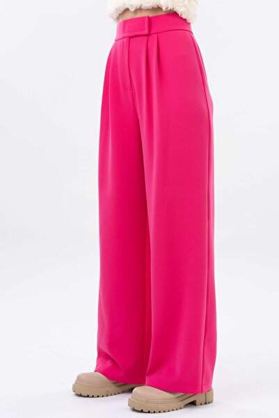 Saade Fuchsia High Waist Velcro Closure Double Pleat Woven Palazzo Trousers