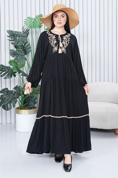 AYASOFYA OTANTIK Women's Black Round Neck Ethnic Authentic Embroidery Detailed Long Balloon Sleeve Long Dress