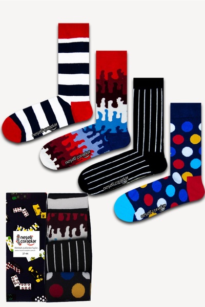 Neşeli Çoraplar 4'lü Kutulu Geometrik Desenler Renkli Çorap Set