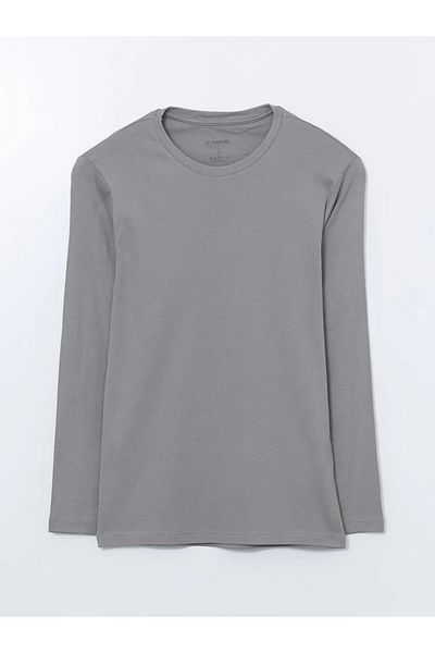 LC Waikiki Lcwaikiki Basic Grey Crew Neck Long Sleeve Combed Cotton Men's T-Shirt