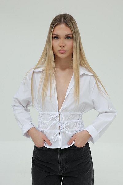 Le Savu Shilsee Women's - White, Lace-Up Elastic Waist, Collared Long Sleeve Blouse